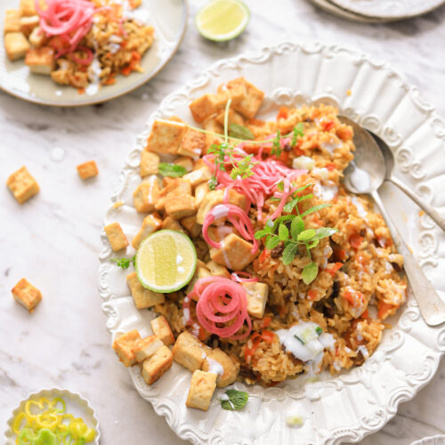 briyani jasmijn rijst met krokante tofu